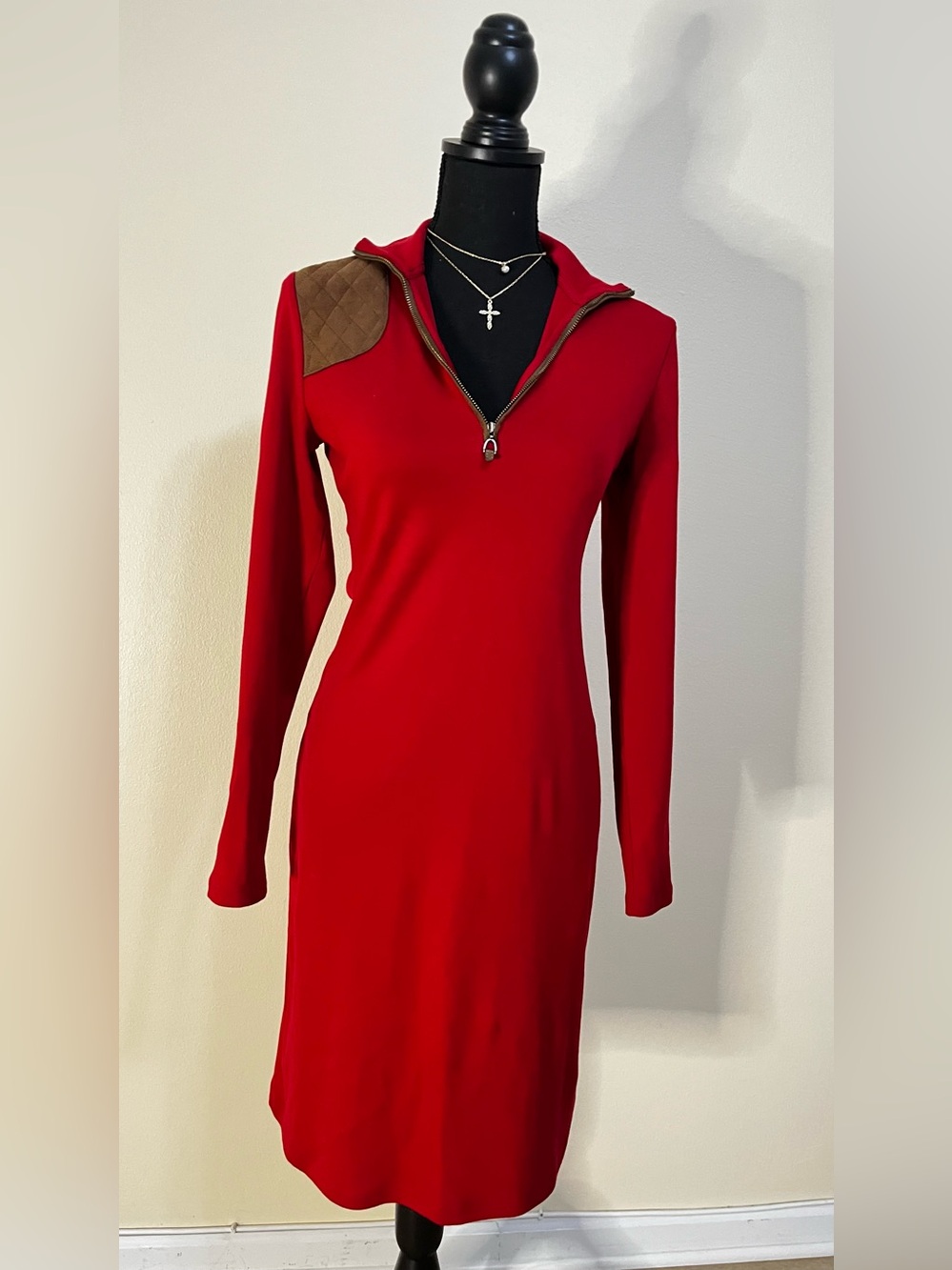 Ralph Lauren Red Long-Sleeve Zip Knit Dress with Quilted Brown Shoulder
